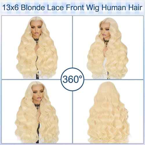 XZZ 28 Inch 613 13x6 Lace Front Wig Human Hair 220 Density Blonde Wig Human Hair Pre Plucked 613 HD Lace Frontal Wig 613 Loose Deep Wave Wig Human Hair Glueless Wigs for Women