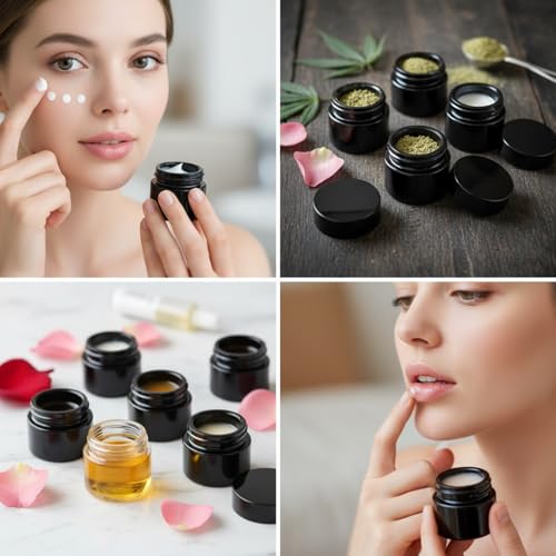 Norme 140 Pack 10ml Glass Cosmetic Jars with Lids, Refillable Sample Containers for Lip Balm, Cream, Lotion, Travel Size, Inner Liner, Wide Mouth(Black)