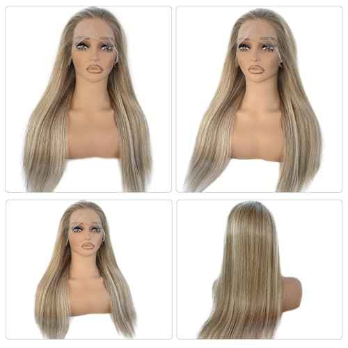 Highlight Lace Front Wig Human Hair 180% Density 13x4 HD Lace Frontal Wigs Pre Plucked with Baby Hair 24 Inch Colored Ash Brown to Beige Blonde to Platinum Blonde Brazilian Human Hair Glueless Wigs