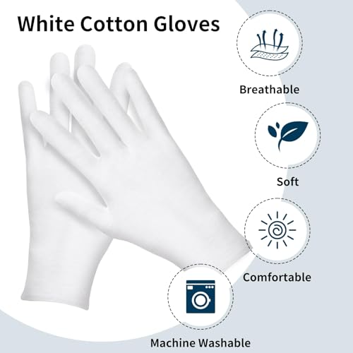 White Cotton Gloves for Dry Hands & Overnight Moisturizing, 30 Pairs