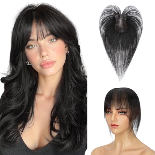 TESS Human Hair Toppers for Women Natural Black 11 Inch Clip-In Air & Side Bangs