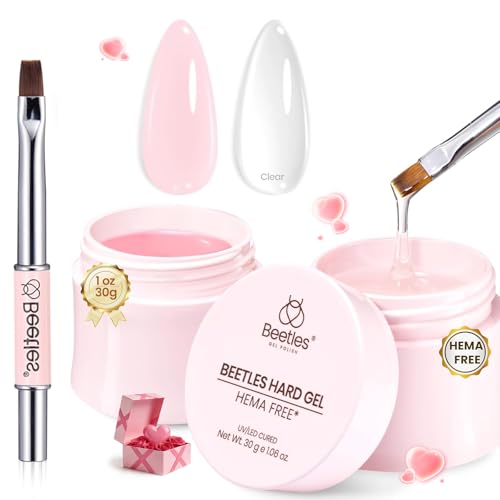 Beetles HEMA-Free Hard Gel for Nails - Clear & Jelly Pink, 2 Pcs with Nail Brush