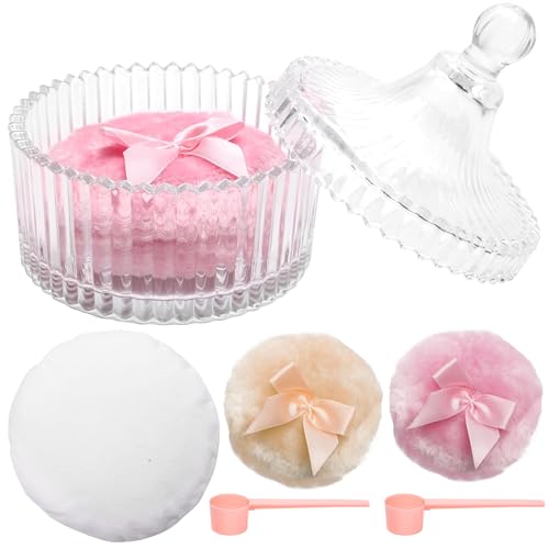 6 Pack Large Body Powder Puff and Container Set, Anglecai 4 Inch Crystal Powder Container for Body Powder Puff Dish with 3P Powder Puffs and 2P Spoon
