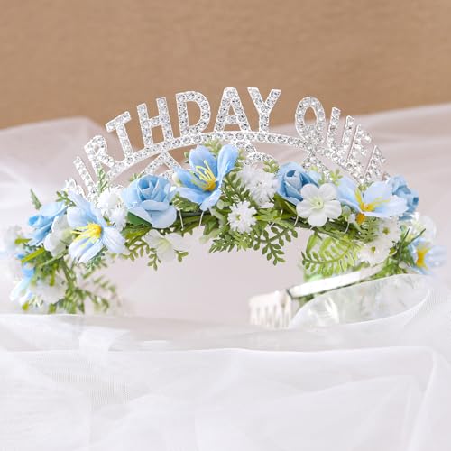 Flower Birthday Queen Crown and Sash Set - Silver Tiara for Celebrations