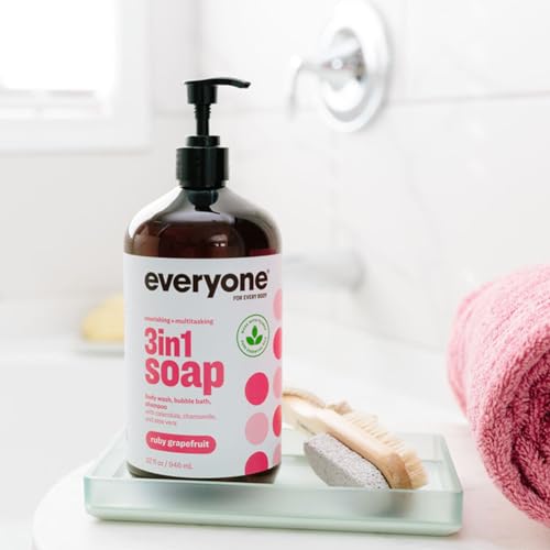 Everyone 3-in-1 Soap, Body Wash, Bubble Bath, Shampoo, 32 Ounce (Pack of 2), Ruby Grapefruit, Coconut Cleanser with Plant Extracts and Pure Essential Oils