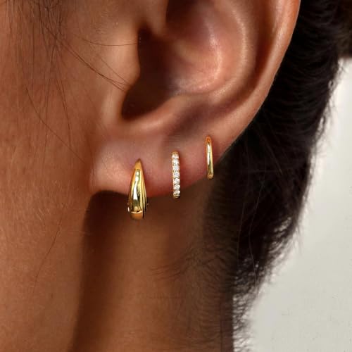 Poxtex Gold-Moon Hoop Earrings Set for Women - Hypoallergenic 14K Gold Plated Small Huggies, Dainty Stacks for Multiple Piercings, Gift Ready