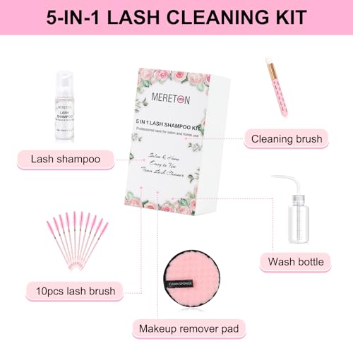 Lash Shampoo Kit for Lash Extensions, Eyelash Extension Cleanser Lash Cleaner Lash Cleaning Kit for Cluster Lashes Lash Bath with Makeup Pad+ Brush+Rinse Bottle, Oil Free Foam