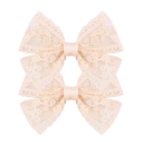 3-Inch Lace Hair Bow Clips for Girls-2PCS Vintage Multicolor Bowknot Hair Accessories, Perfect for Weddings, Birthdays & Special Events-Ivory