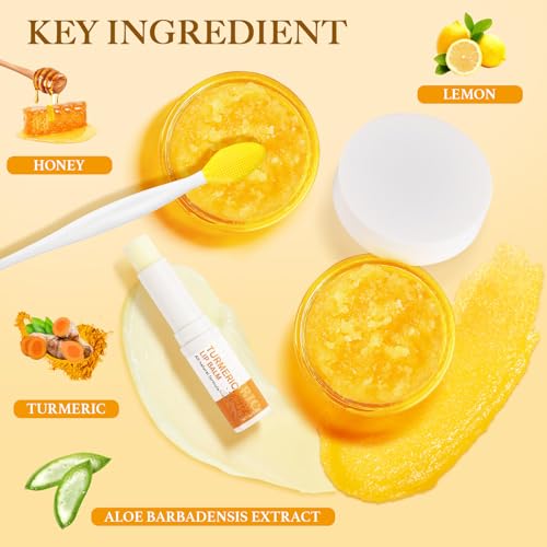 Turmeric Lip Scrub & Balm Set with Brush - Exfoliate & Moisturize
