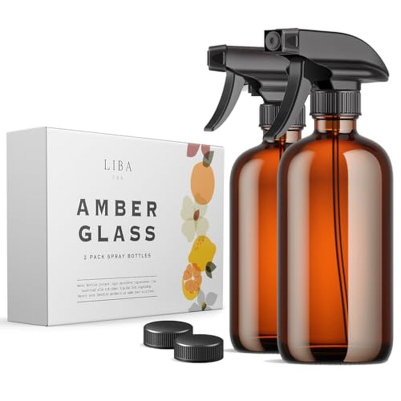 LiBa 16oz Amber Glass Spray Bottles - 2 Pack with Adjustable Nozzle