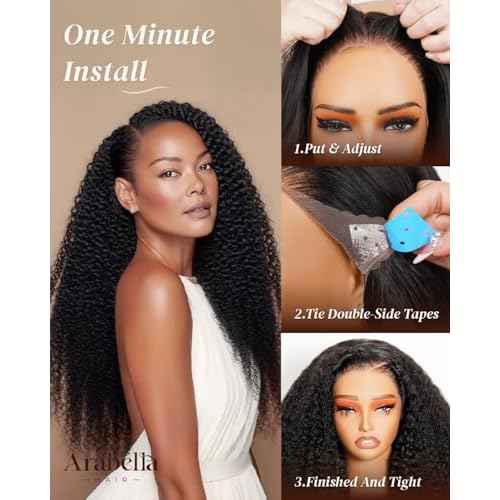 Arabella 13x6 Curly Human Hair Wig Deep Wave Lace Front Wigs Human Hair 220% Density Glueless Wigs Pre Plucked Pre Cut 12A Curly Wig Human Hair Ear to Ear Natural Black 20Inch