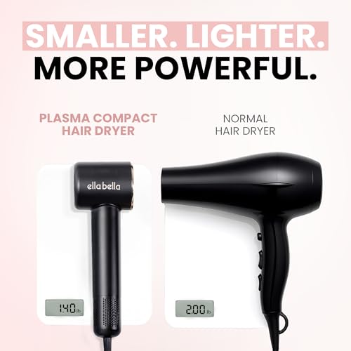 ELLA BELLA Black Compact Plasma Hair Dryer with Digital Display - Fast & Quiet