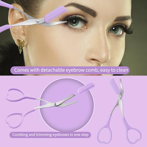Eyebrow Scissors with Razor & Comb Set - Non-Slip Grip, Pink/Green/Purple