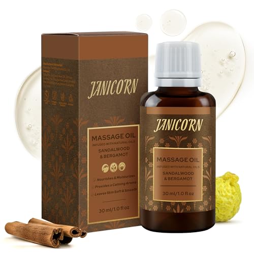 Sandalwood & Bergamot Aromatherapy Massage Oil ? Essential Oil Blend with Jojoba & Sweet Almond Oils, Lightweight & Fast-Absorbing Skin & Body Hydration, Woody-Citrus Aroma, 1 fl oz / 30 ml