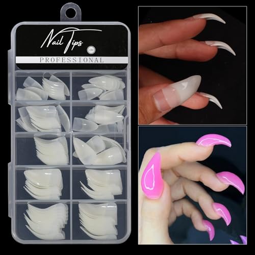 200PCS Medium Stiletto Nail Tips,10 Sizes Artificial Press on Nail Tips Halloween Style Natural Stiletto False Eagle Claw Art for Nail Salons (Natural&Transparent)