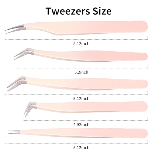 5 Pcs Eyelash Extension Tweezers Set - Straight & Curved Precision Lash Tweezers for Professionals & Beginners