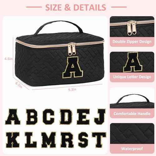 Gifts Initial Makeup Organizer Bag for Girls, Chenille Letter Personalized Cosmetic Bag with Zipper | Preppy Quilted Portable Makeup Pouch Teen Birthday Gifts Trendy for Women Friend (A)