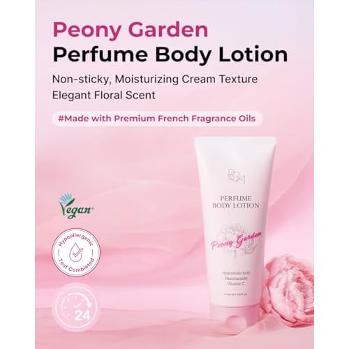BOM Peony Garden Perfume Body Lotion 6.76 Fl Oz, Floral Scented Body Cream with Hyaluronic Acid, Niacinamide & Vitamin C, Long-Lasting Moisture & Fragrance, Non-Sticky & Smoothing, Korean Skincare