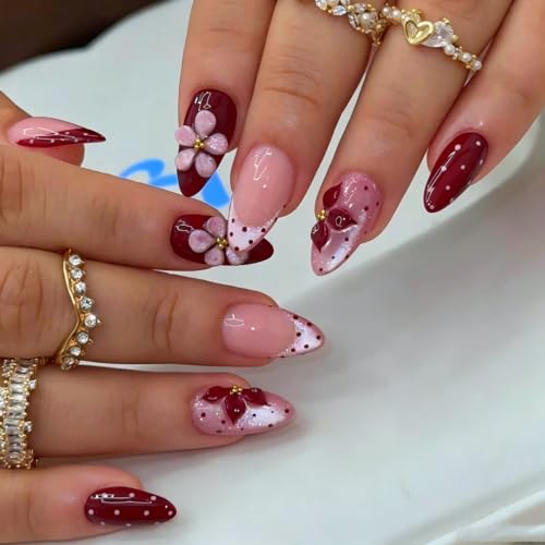 UZJXQ Medium Almond Press-On Nails 3D Flower & Polka Dot Style-15 Short