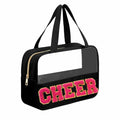 JOJOPOLLO Black Cheer Makeup Bag - Pink Chenille 'CHEER' with Gold Trim, Zipper & Handle, Team Gift