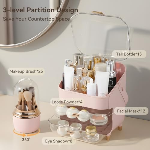 Large Pink Makeup Organizer with Brush Holder & Drawers