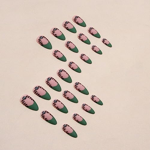 Green Press on Nails Medium Almond False Nails Matte Acrylic Nails Kit Reusable Spring Fake Nails with Designs Skeleton Glue on Nails Artificial Nails for Women Nail Art Manicure in 24PCS