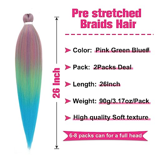 Unionbeauty 26 Inch 2 Packs Pre Stretched Braiding Hair Pink Light Green Blue Ombre Braiding Hair for Box Braids Yaki Texture Hot Water Setting Easy Braid Hair Extensions Synthetic Braiding Hair