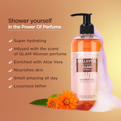 Bella Vita Luxury Glam Woman Body Wash Shower Gel for Women | 500ml | Deep Cleansing, Hydrating & Moisturising with Aloe Vera Extract | Softer, Smoother Skin | Suitable for All Skin Types