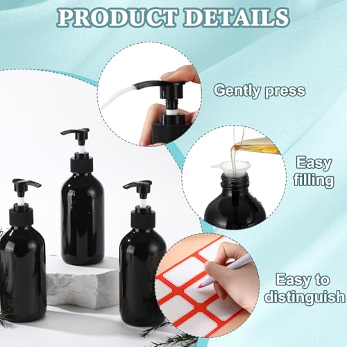 Tanlade 24 Pcs 8 oz Glass Pump Bottle Empty Bottle Glass Soap Dispenser with Pump Refillable Containers and Labels Funnels for Essential Oils Cleaning Products Lotions Conditioner (Black)