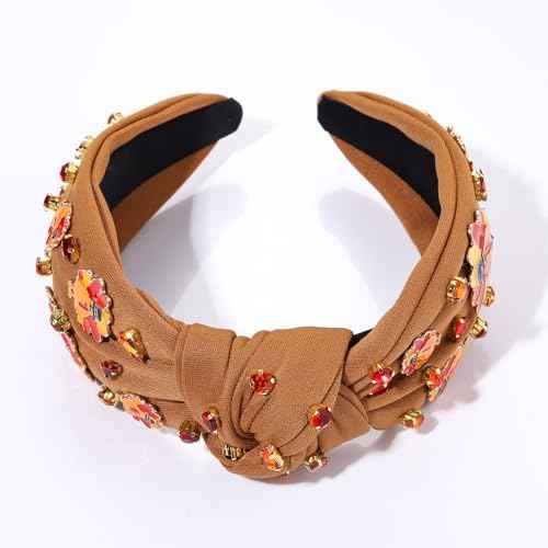 Thanksgiving Headband Fall Pearl Rhinestone Jeweled Knotted Headband Accessories Pumpkin Leaf Print Wide Knot Hairband Thanksgiving Turkey Holiday Headband Hair Accessories Gifts
