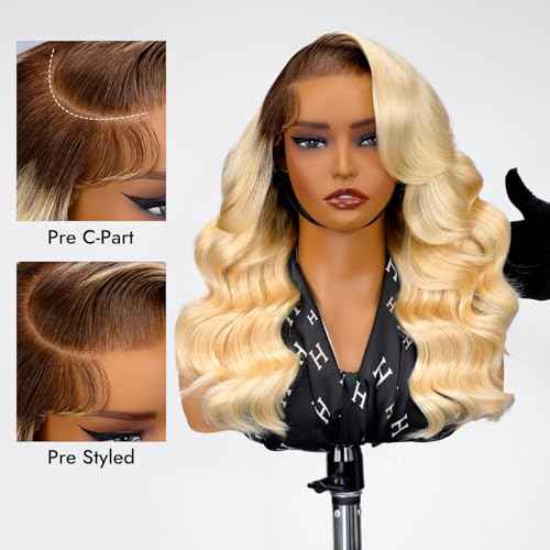 Wiggins Ombre 4/613 Blonde Layered Wig Human Hair 250 Density Body Wave 6x8 Pre Cut Layered Human Hair Wig Side Part Glueless Wigs Pre Plucked Wigs For Black Women Beginner Friendly 18 Inch