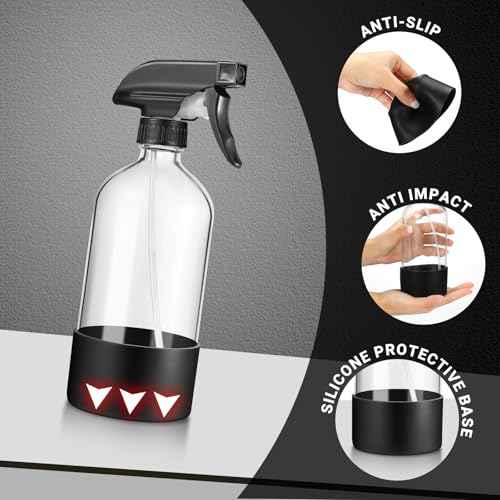 3 Pcs 16oz Empty Glass Spray Bottle with Black Silicone Sleeve Protection - Refillable Boston Round Containers with Adjustable Nozzle for Cleaning Solutions, Essential Oils, Misting Plants, Gardening
