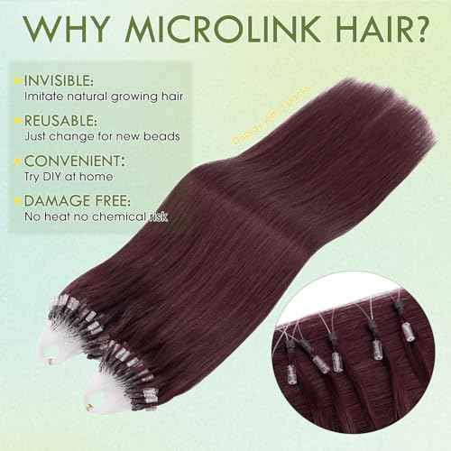 Hairro Microlinks Hair Extensions Human Hair Micro Loop Hairpieces Easy Pre Bonded Cold Fusion Keratin Stick Micro Bead Hair Extension For Women 16 inch 50g 100 Strands #99J Wine Red