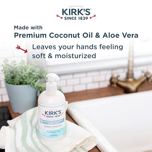 Kirk's Hydrating Hand Wash - Made with Premium Coconut Oil and Aloe Vera, With Plant Based Technology To Help Eliminate Odors, Non GMO, Vegan, Fragrance Free, 12 Fl Oz. 4 pack