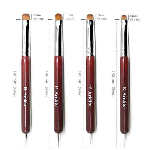 4Pcs Professional Acrylic French Manicure Clean-Up Brushes & Dotting Pens - Red Wood Handles, Precision Tips (#10#12#14#16) for Nail Art, Cuticle Care