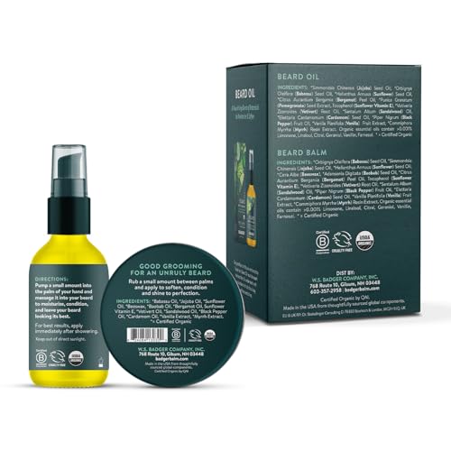 Badger Beard Grooming Kit, Organic Beard Oil Bottle + Organic Beard Balm Tin, Subtle Masculine Scent, Organic Mens Beard Care for Healthy Beard Growth, 2-Pack