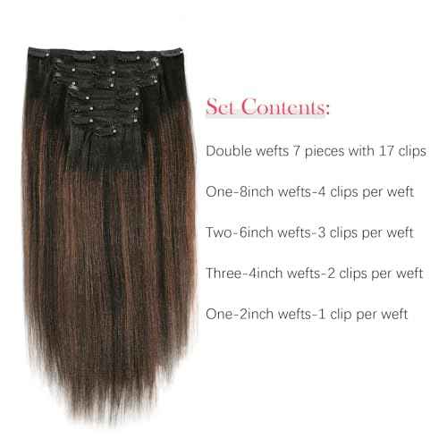 Sassina Thick Yaki Straight Style Clip in Hair Extensions Natural Black to Chocolate Brown Double Weft Real Human Hair Clip in Hair Extensions 120 Grams 14 Inch 7 Pcs