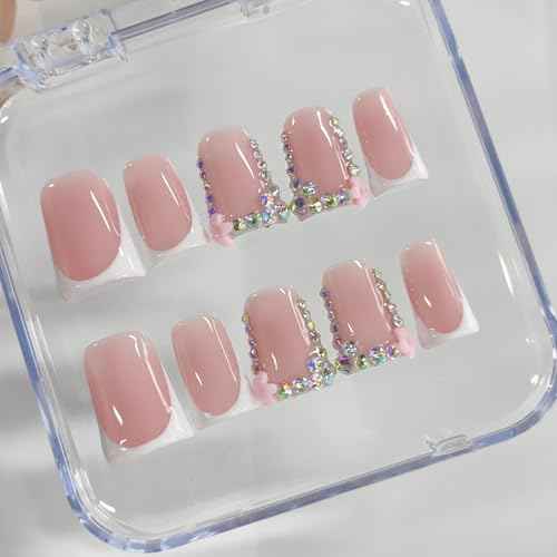 Handmade Press on Nails Short Duck White French Tip Thick Acrylic Fake Nails 3D Floral False Nails with Rhinestones Pink Flower Designs Elegant Sturdy Nail Art Press on Nails 10Pcs(S)