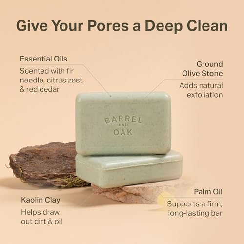 Barrel & Oak Exfoliating Bar Soap for Men, Walnut Shell Powder, Olive Stone, and Essential Oils, Long-Lasting Bar Soap, Vegan, SLS-Free, Canyon Balsam