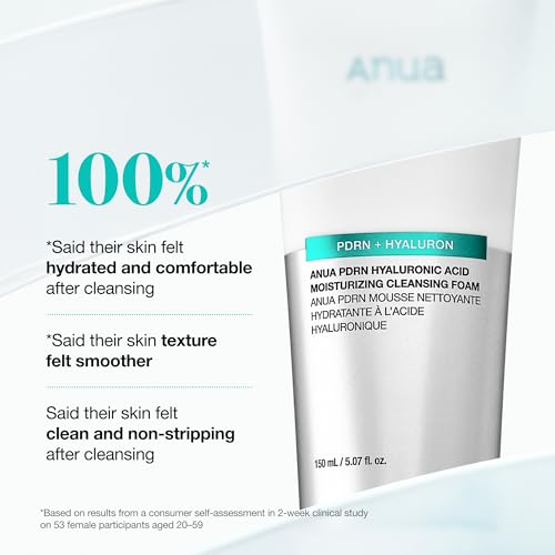 ANUA PDRN Hyaluronic Acid Moisturizing Cleansing Foam, Hydrating Facial Cleanser for Dry Skin, Daily Gentle Face Wash with Salmon DNA, Balancing & Pore Care, Korean Skincare (5.07 fl oz) (Pack of 2)