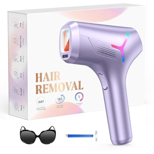 IPL Hair Removal Device for Full Body, Painless At-Home Laser System, 5.2cm² Window, 2 Week Results, Purple