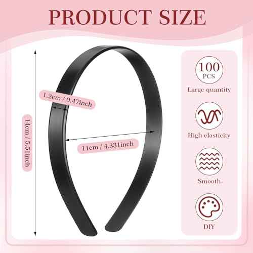 Hotop 100 Pcs Plastic Headbands Bulk 1 Inch Wide Craft No Teeth Plain Headbands DIY Hair Band Accessories for Girls Women (Black,1/2 Inch Wide)