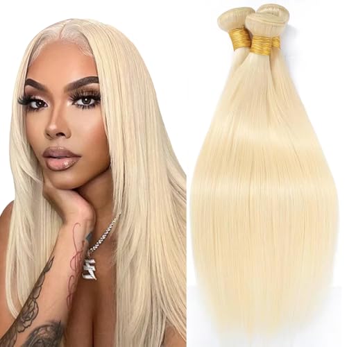 Freiuoke 613 Blonde Human Hair Extensions Bundle - 14, 16, 18 Inch Straight & Loose Wave, 3 Bundles