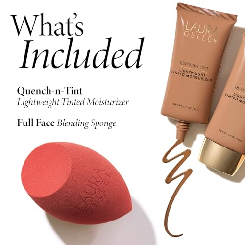 LAURA GELLER Quench-n-Tint Hydrating Lightweight Tinted Moisturizer, Deep + Latex-Free Full Face Makeup Blending Sponge - Sheer Foundation for Daily Use