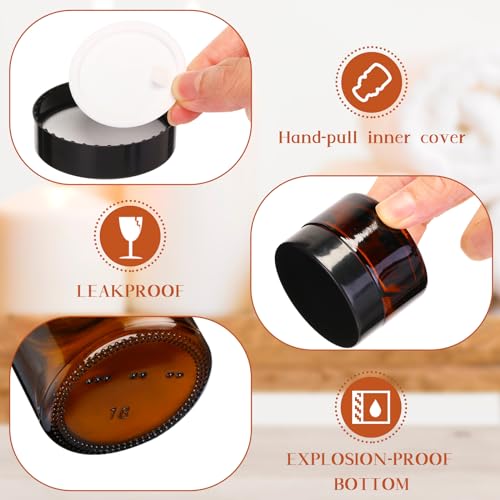 Domensi 60 Pcs 1oz Glass Jars with Lids Bulk Salve Tins Winter Cream Container Small Glass Candle Cosmetic Jars for Travel Lip Balm with Inner Liners for Lotion Sample Cream(Amber, Black Lid)