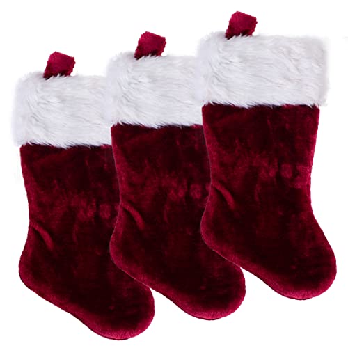 PORRUNNY Christmas Stocking 3 Pack 19 Inch Christmas Stocking Personalized Plush Cuff Red White Christmas for Family Christmas Decoration Fur Stockings Gift Bags for Kids Classic Stocking Decorations