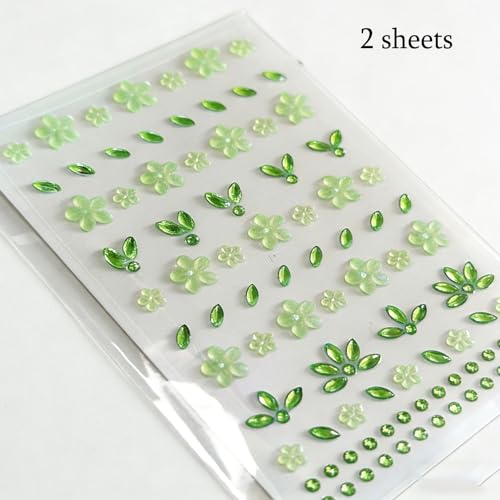 Green Flower Face Gems Stickers - Self-Adhesive Rhinestone Decals