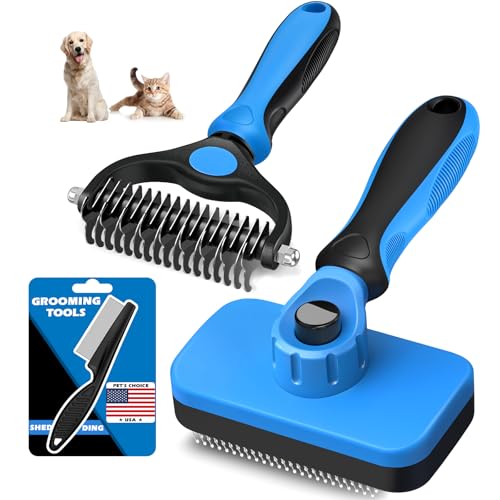 Blue Self-Cleaning Pet Slicker Brush & Dematting Comb Set for Dogs, Cats, Horses