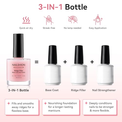 Nailshion Clear Pink Ridge Filler Base Coat Nail Polish - Quick Dry, Hema-Free