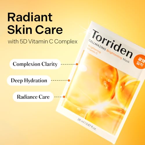 Torriden CELLMAZING Vita C Facial Mask (10 Sheets) | Radiance & Glow Boosting Korean Sheet Mask | Improving Overall Skin Tone | 5D Vitamin C + Niacinamide | Korean Face Mask